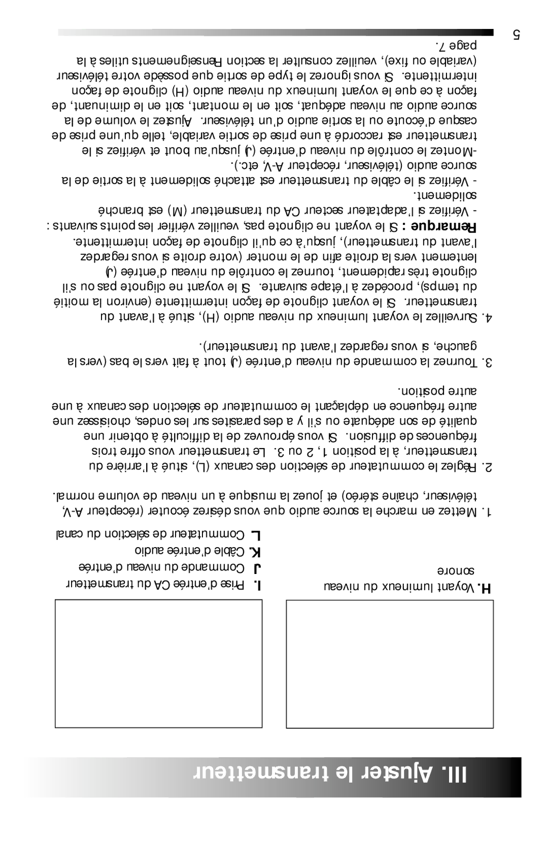 Recoton/Advent AW811 operation manual Transmetteur Ajuster III, Sonore niveau du lumineux Voyant .H 