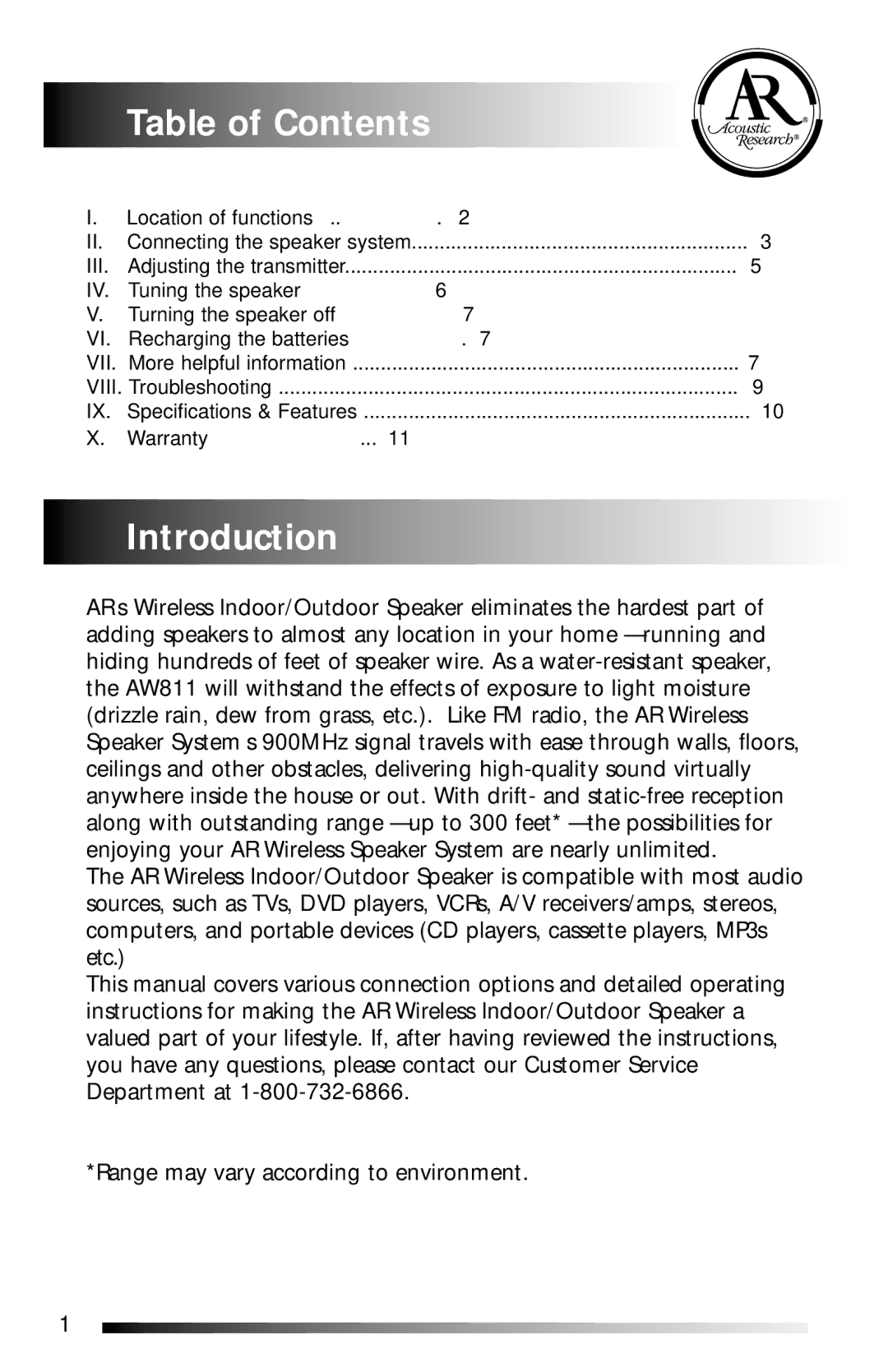 Recoton/Advent AW811 operation manual Table of Contents, Introduction 