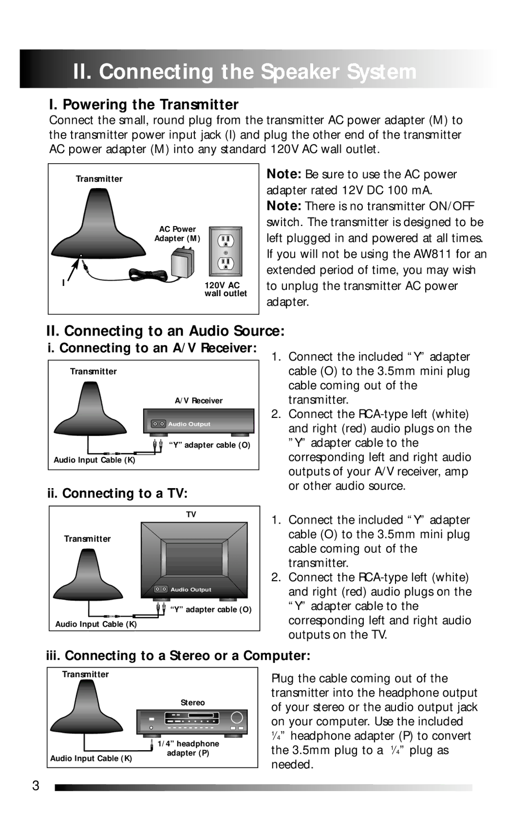 Recoton/Advent AW811 II. Connecting the Speaker System, Powering the Transmitter, II. Connecting to an Audio Source 