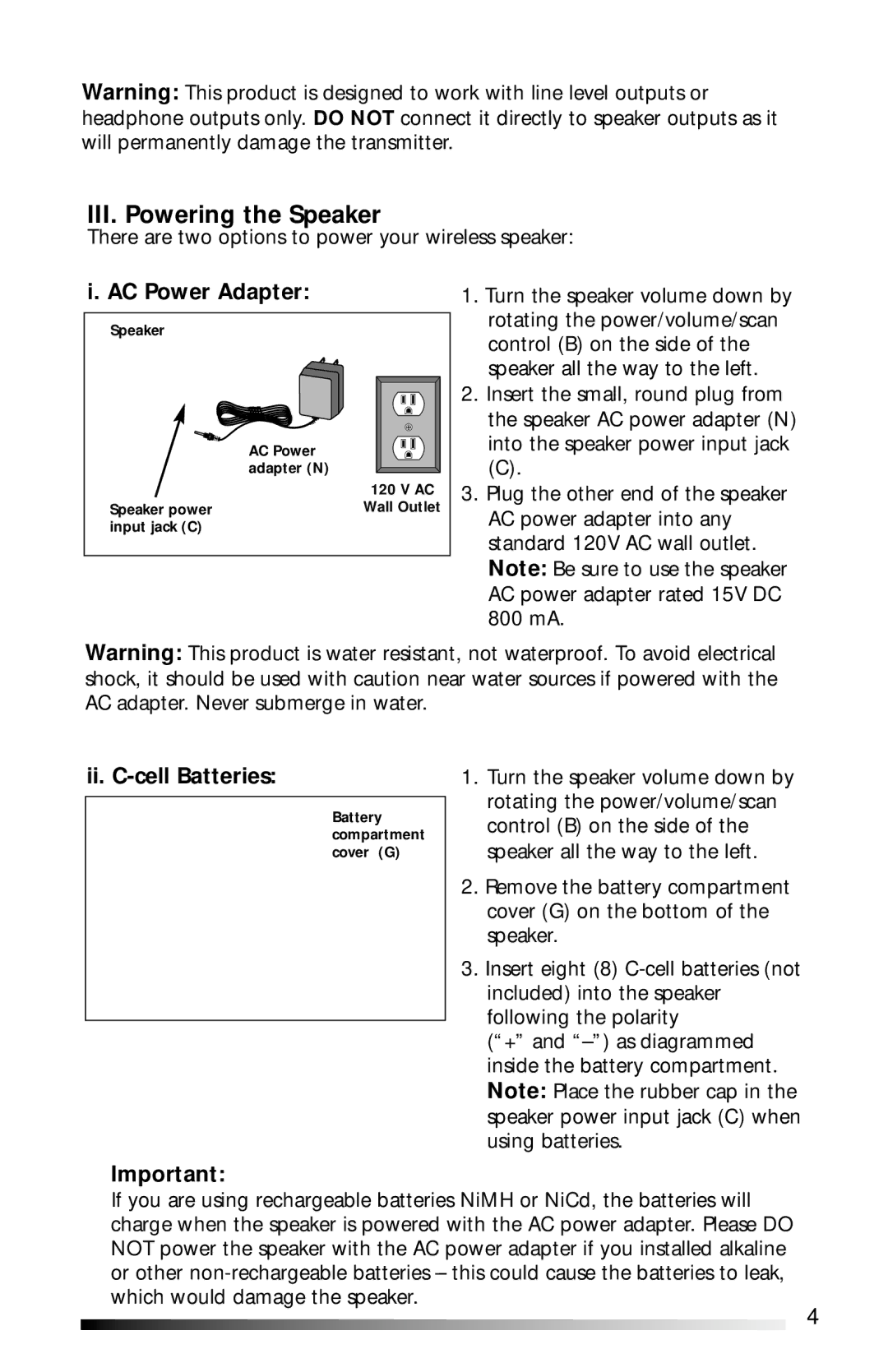 Recoton/Advent AW811 operation manual III. Powering the Speaker, AC Power Adapter, Ii. C-cell Batteries 