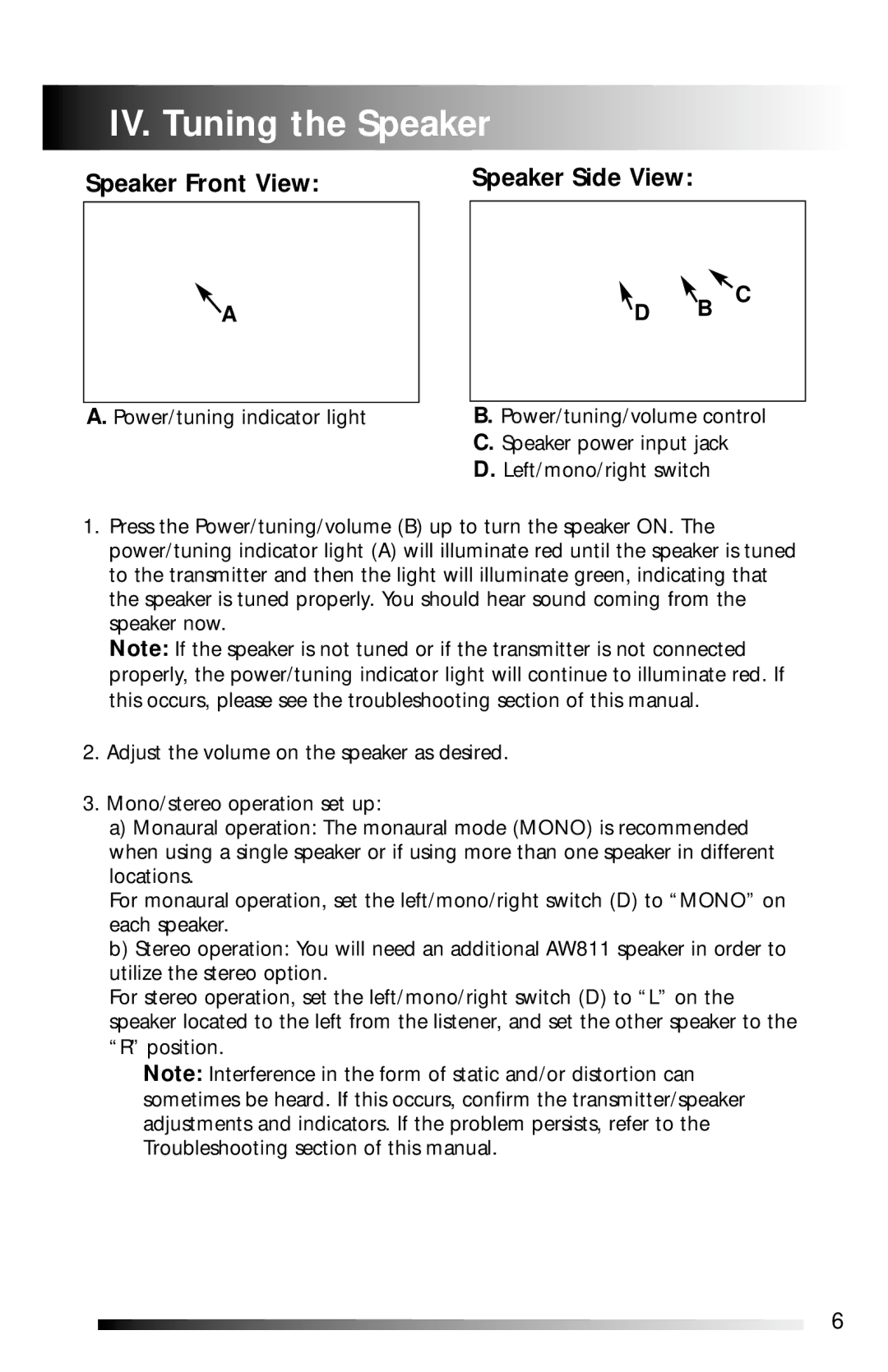 Recoton/Advent AW811 operation manual IV. Tuning the Speaker, Speaker Front View 