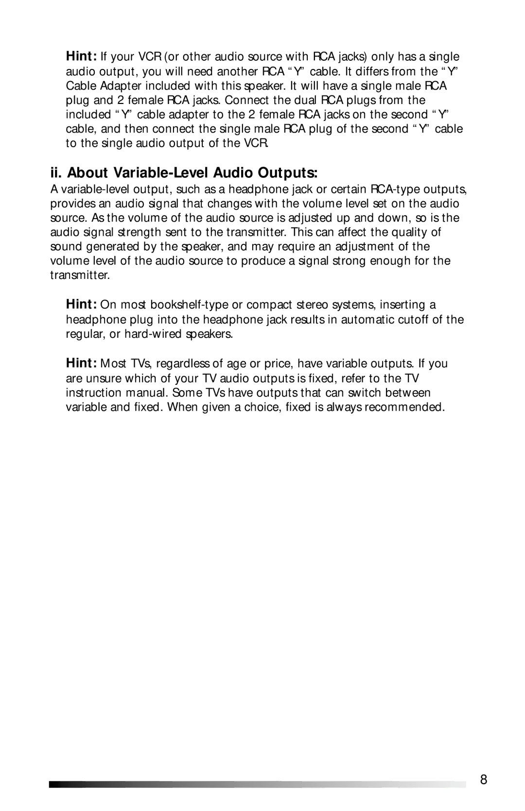 Recoton/Advent AW811 operation manual Ii. About Variable-Level Audio Outputs 