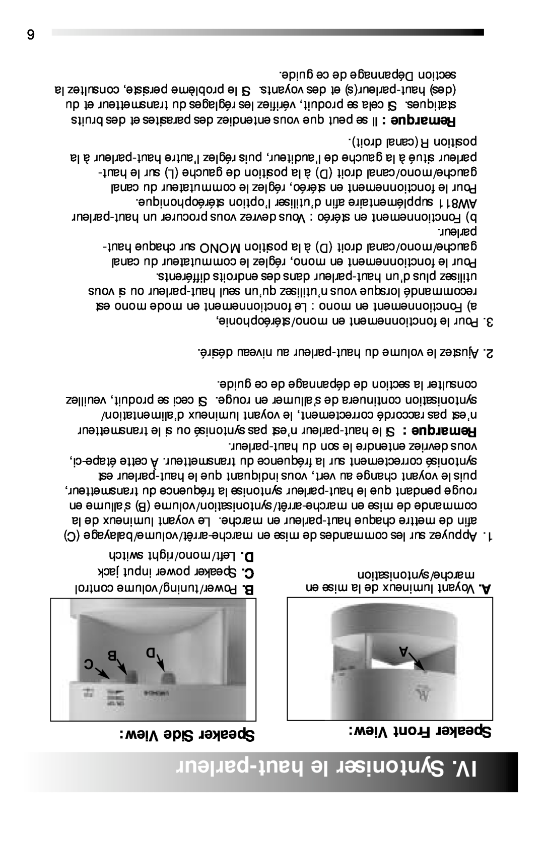 Recoton/Advent AW811 operation manual leSyntoniser, View Side Speaker, parleur-haut 