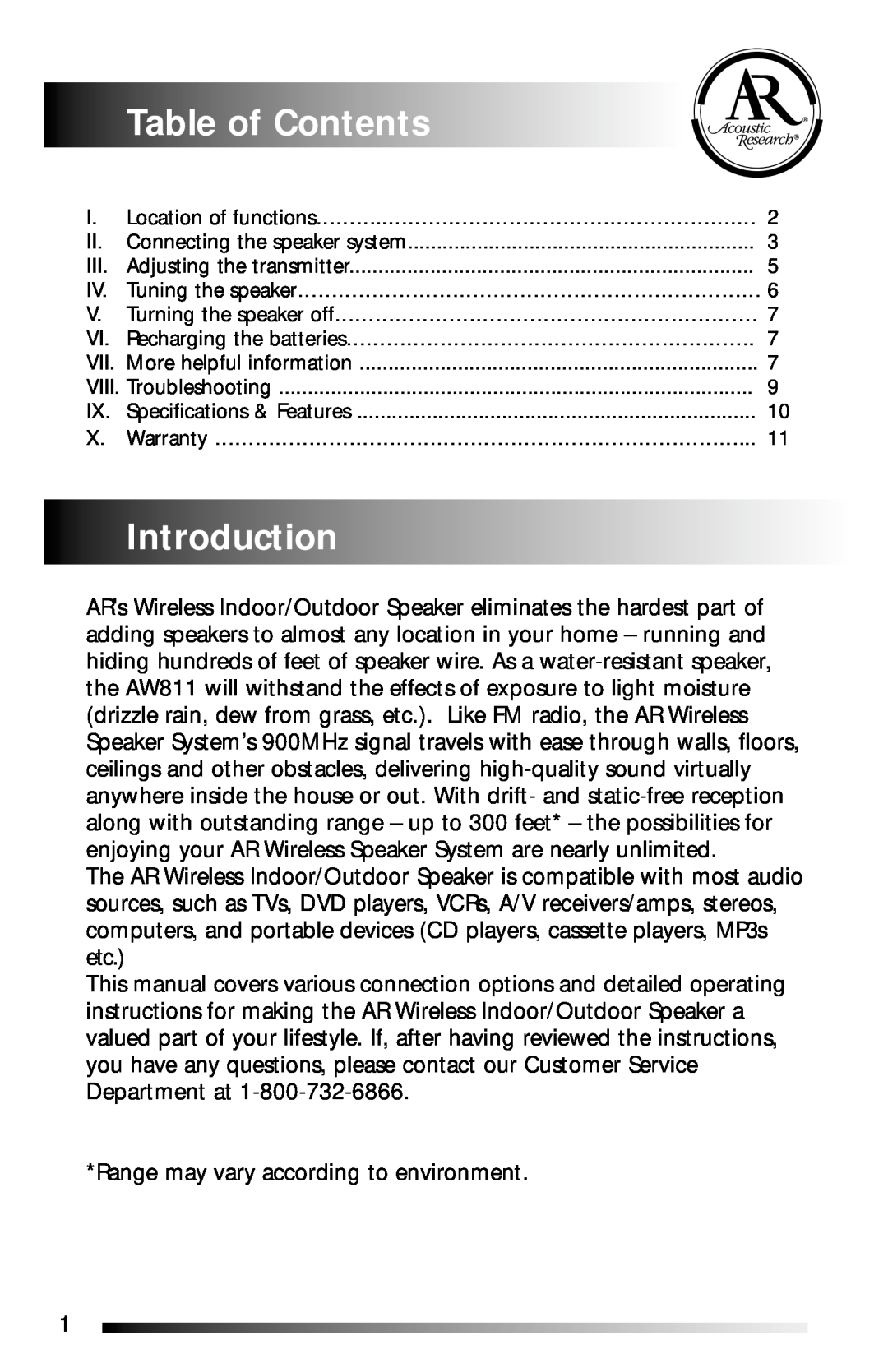 Recoton/Advent AW811 operation manual TableofContents, Introduction 