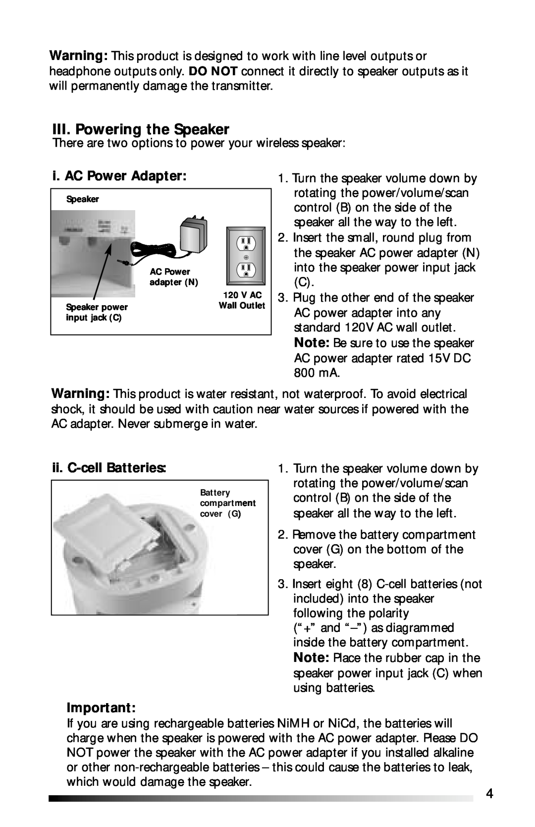 Recoton/Advent AW811 operation manual III. Powering the Speaker, i. AC Power Adapter, ii. C-cellBatteries 