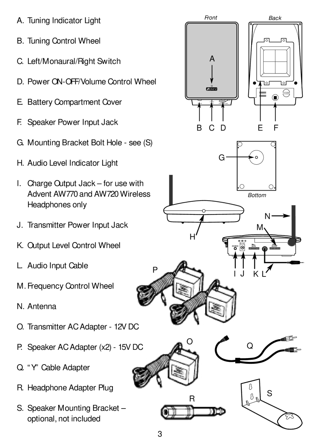 Recoton/Advent AW820 manual Cable Adapter, Headphone Adapter Plug, Optional, not included 