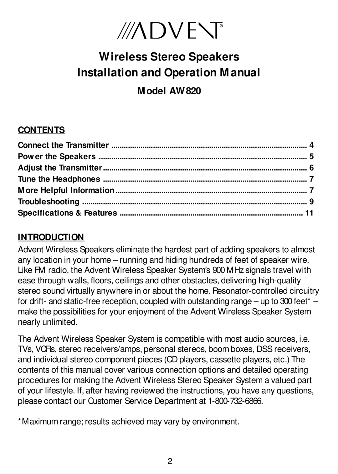 Recoton/Advent AW820 manual Contents, Introduction 