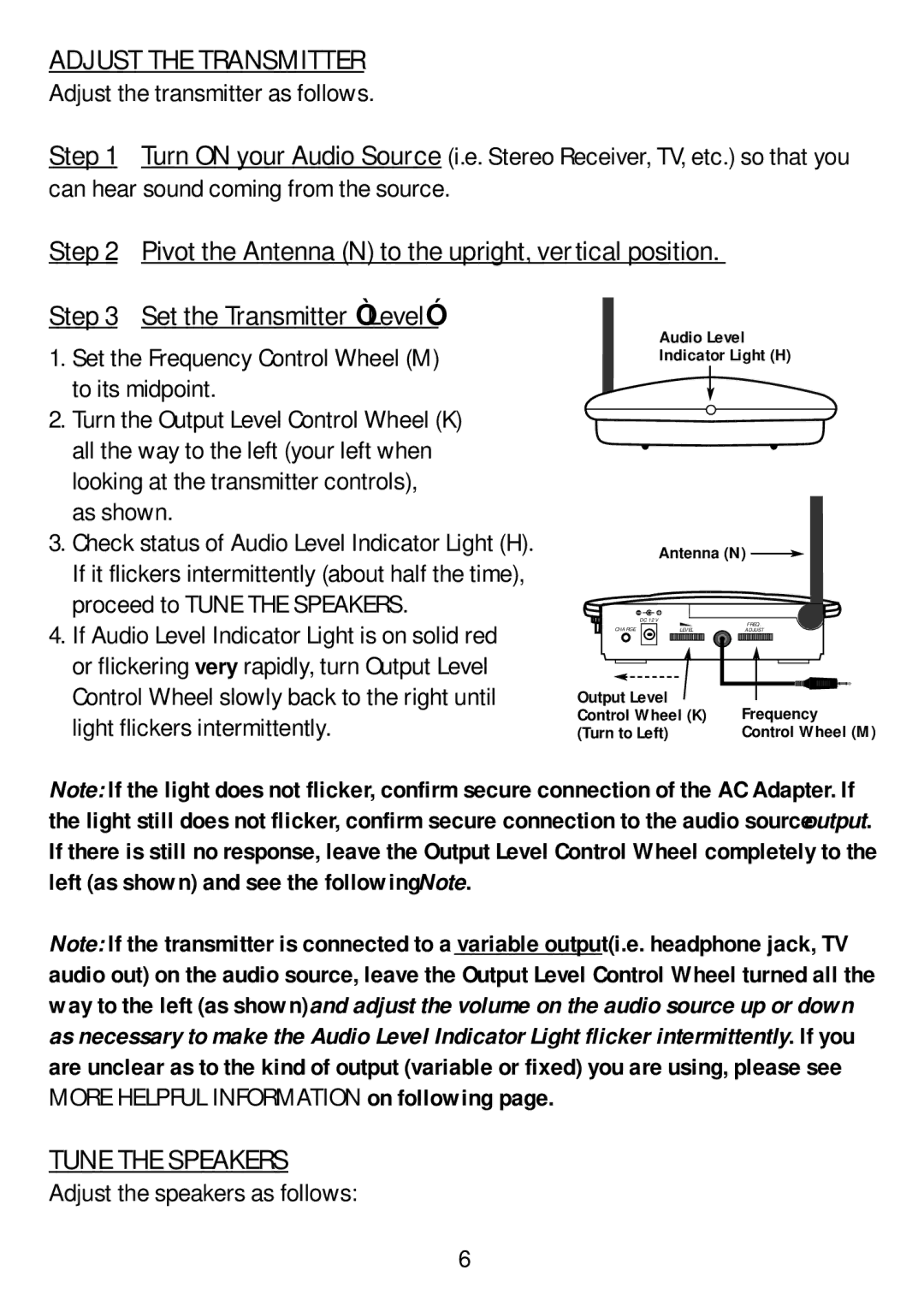 Recoton/Advent AW820 manual Adjust the Transmitter, Tune the Speakers, Set the Frequency Control Wheel M to its midpoint 