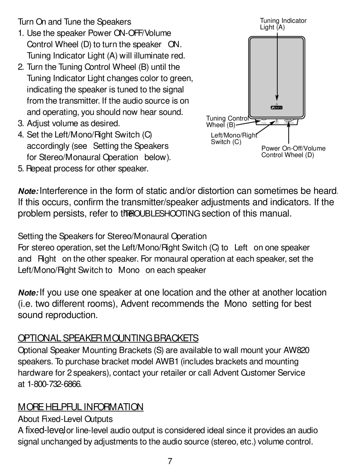 Recoton/Advent AW820 manual Optional Speaker Mounting Brackets, More Helpful Information, Turn On and Tune the Speakers 