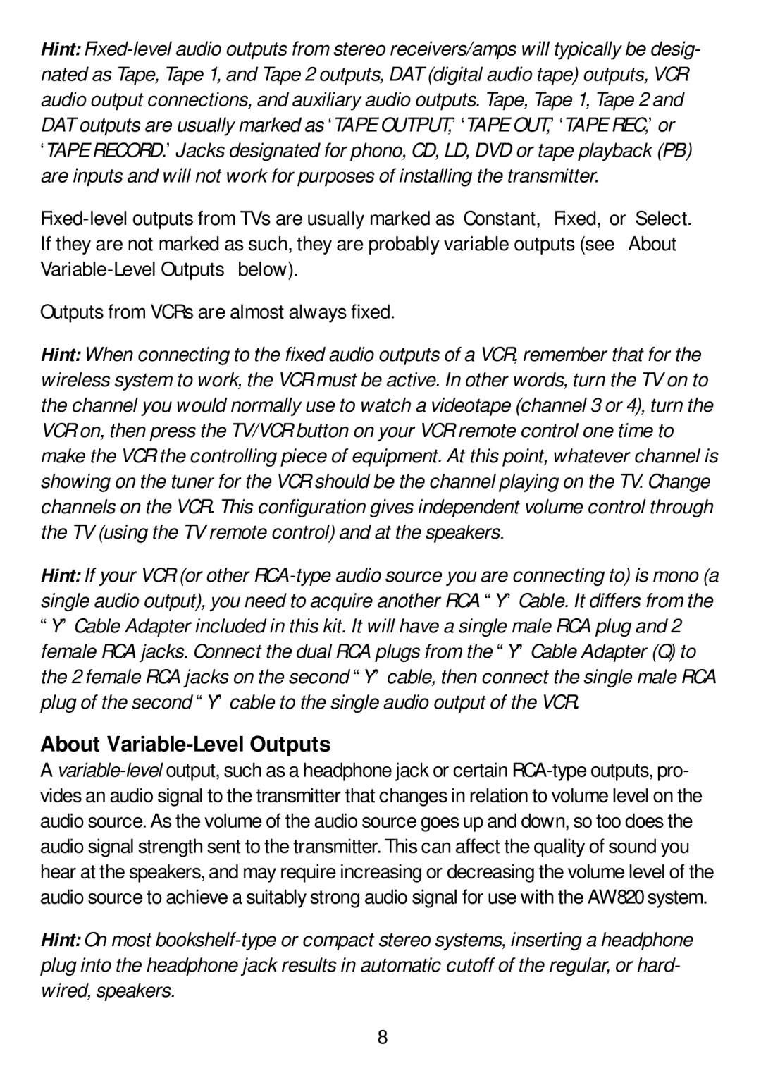 Recoton/Advent AW820 manual About Variable-Level Outputs 