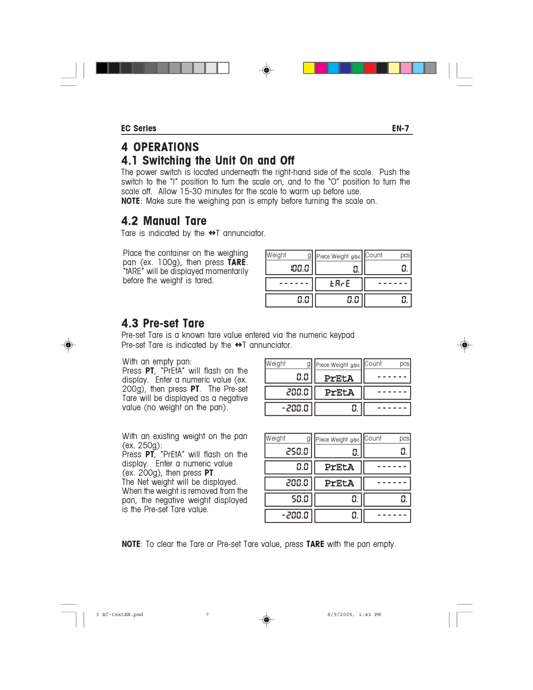 Recoton/Advent instruction manual Operations, Switching the Unit On and Off, Manual Tare, Pre-set Tare, EC Series EN-7 