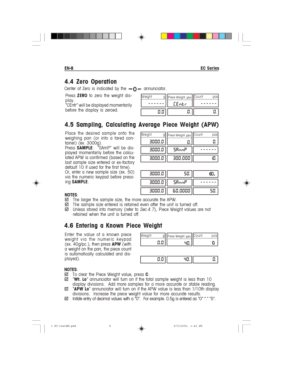 Recoton/Advent EC Series Zero Operation, Sampling, Calculating Average Piece Weight APW, Entering a Known Piece Weight 