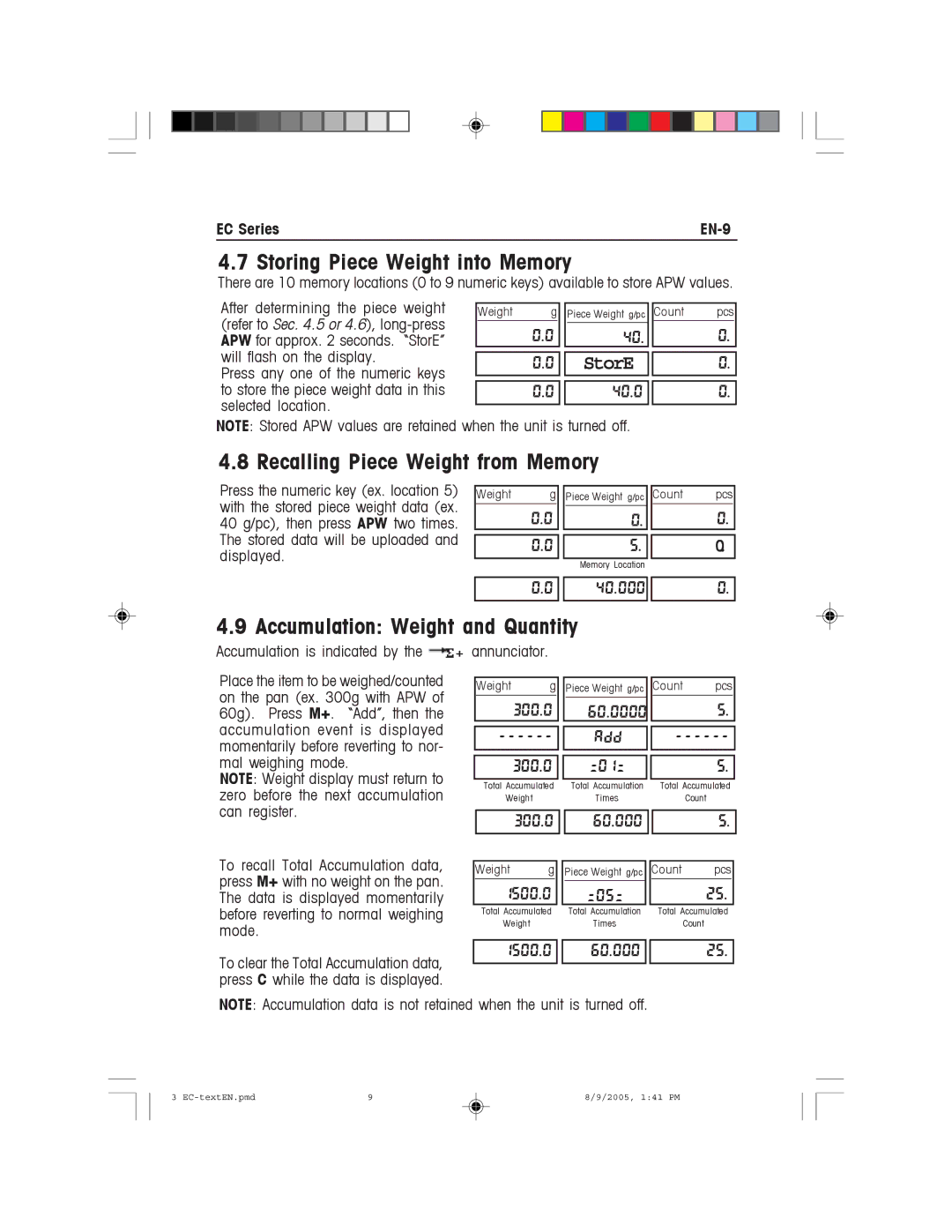 Recoton/Advent instruction manual Storing Piece Weight into Memory, Recalling Piece Weight from Memory, EC Series EN-9 