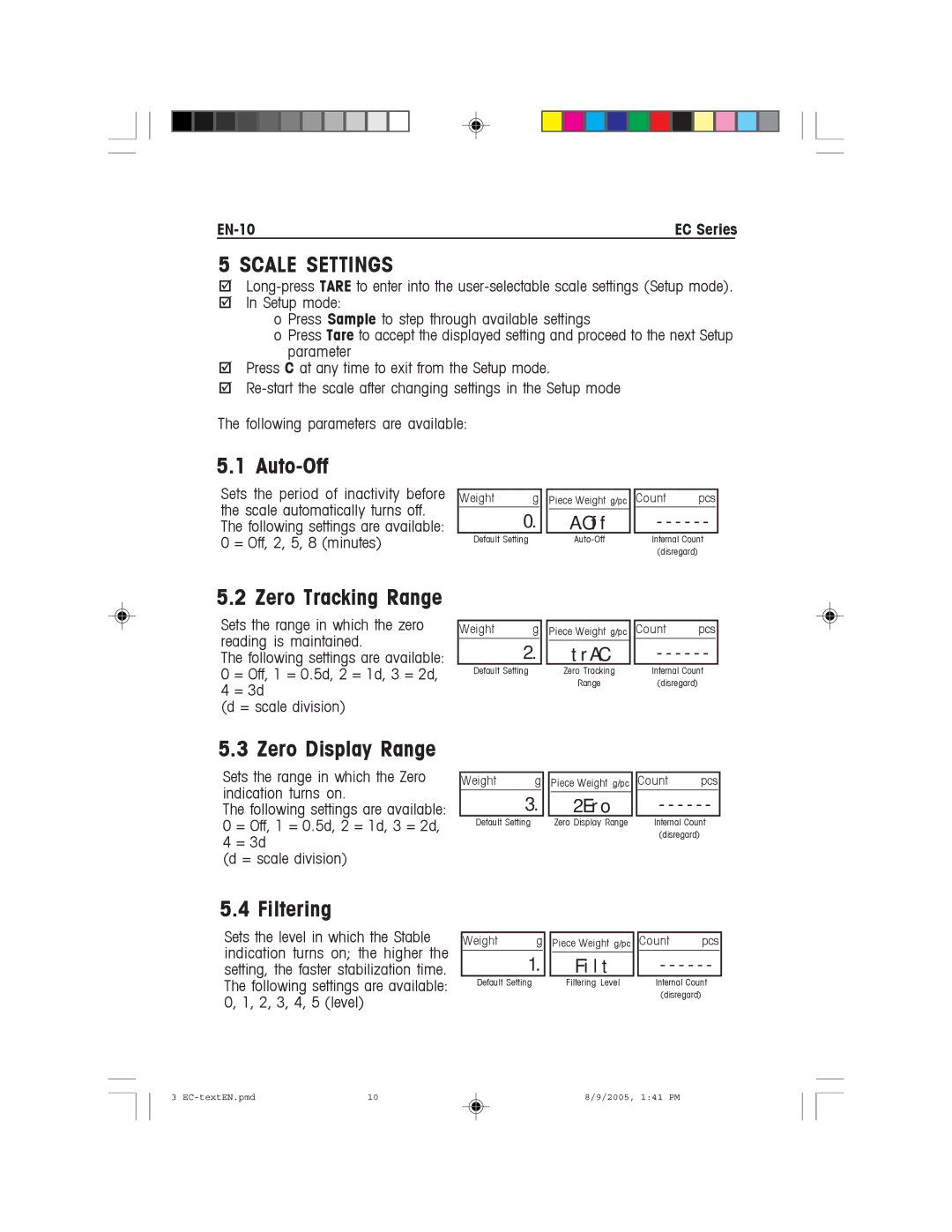 Recoton/Advent EC Series instruction manual Scale Settings, Auto-Off, Filtering, Zero Display Range, EN-10 