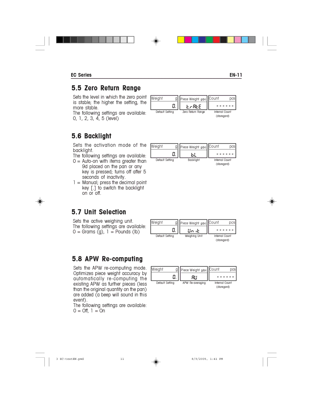 Recoton/Advent EC Series instruction manual Zero Return Range, Backlight, Unit Selection, APW Re-computing 