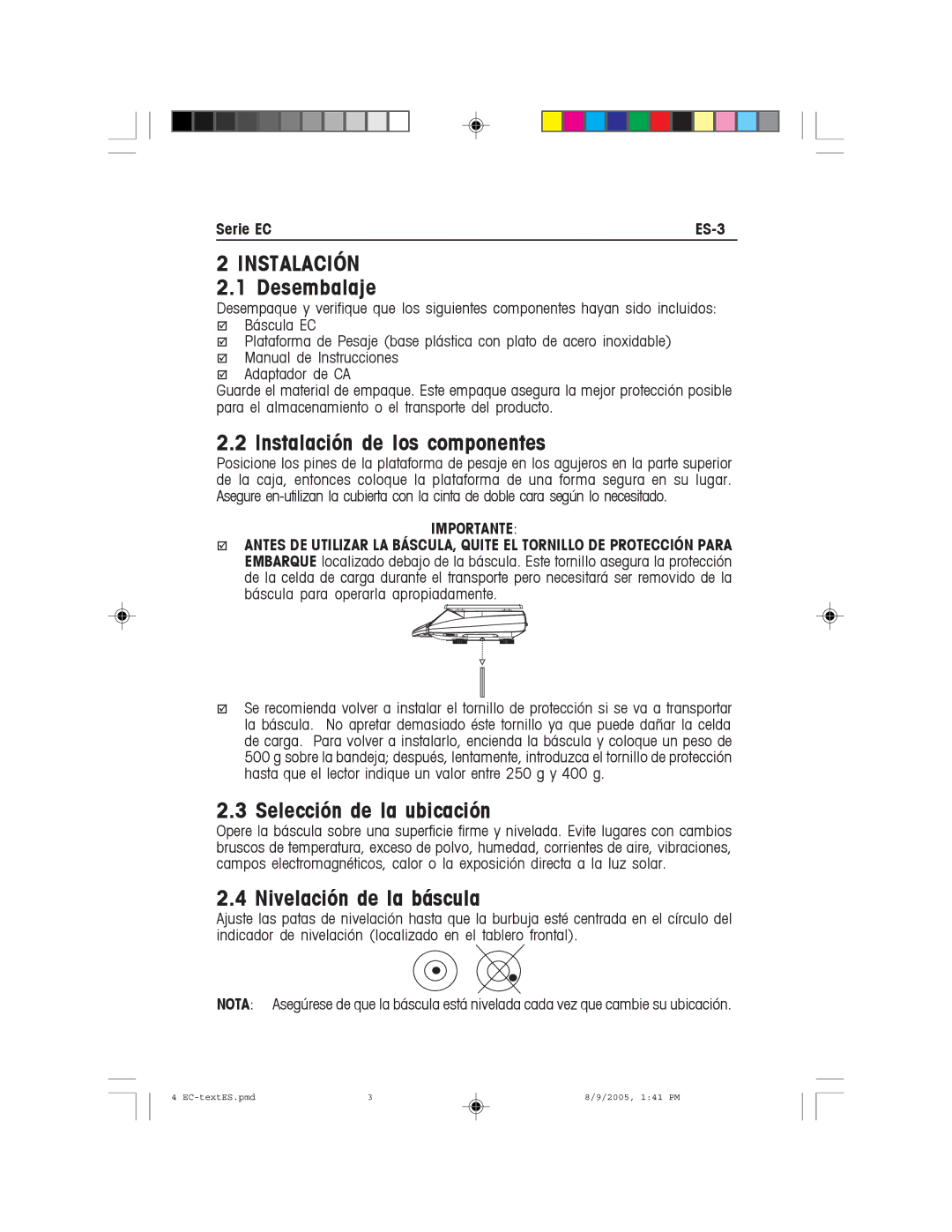 Recoton/Advent EC Series Instalación de los componentes, Selección de la ubicación, Nivelación de la báscula, Importante 