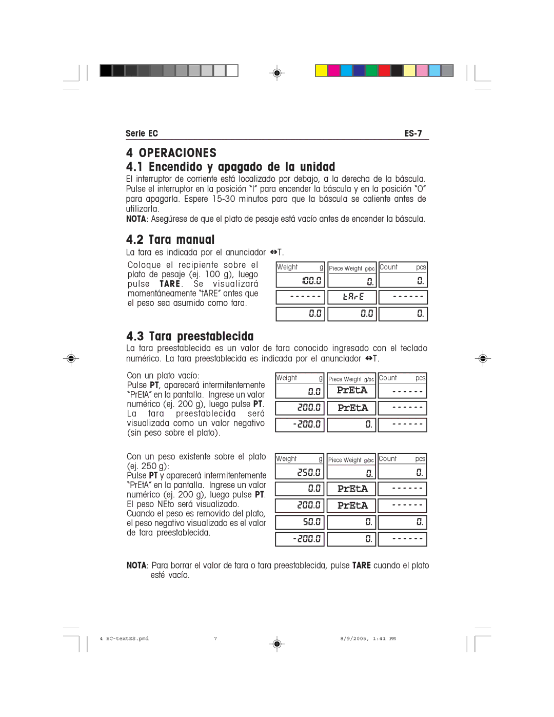 Recoton/Advent EC Series Operaciones, Encendido y apagado de la unidad, Tara manual, Tara preestablecida, Serie EC ES-7 