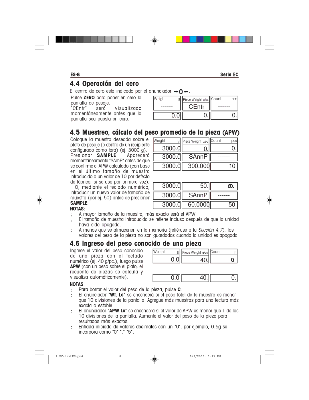 Recoton/Advent EC Series Operación del cero, Muestreo, cálculo del peso promedio de la pieza APW, ES-8, Sample 