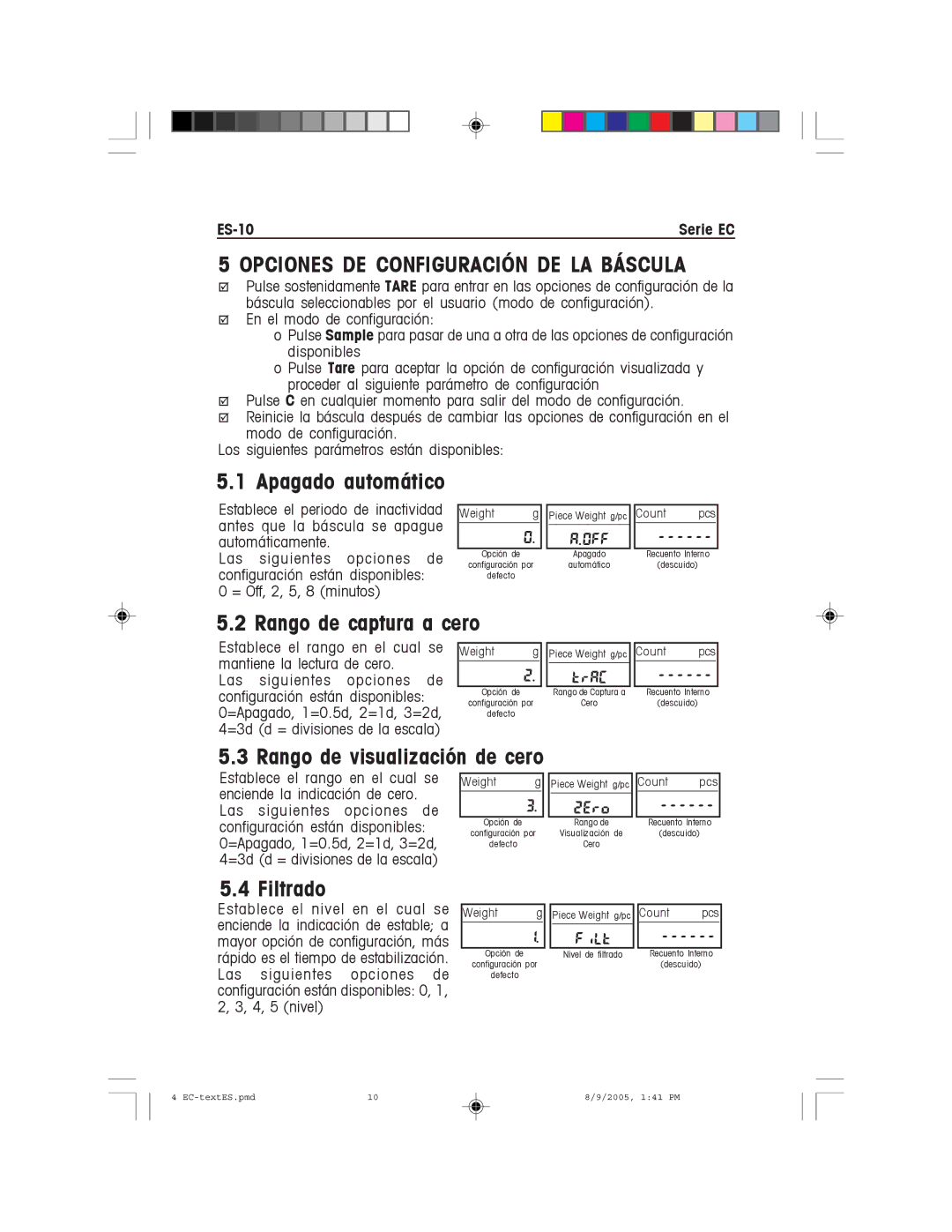 Recoton/Advent EC Series Opciones DE Configuración DE LA Báscula, Rango de captura a cero, Rango de visualización de cero 