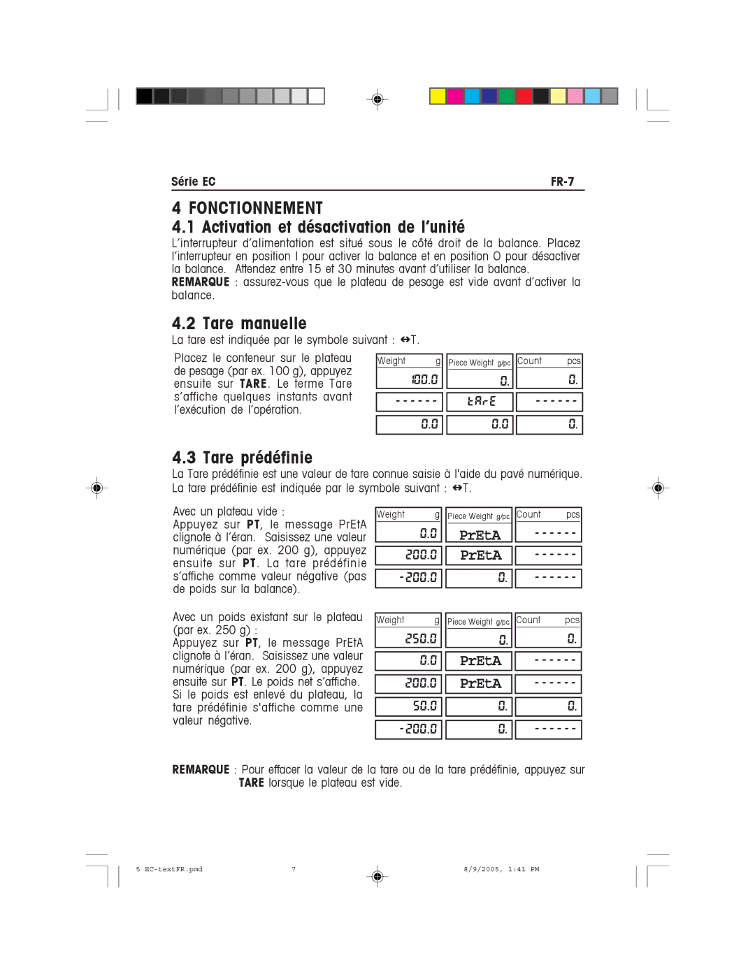 Recoton/Advent EC Series Fonctionnement, Activation et désactivation de l’unité, Tare manuelle, Tare prédéfinie 