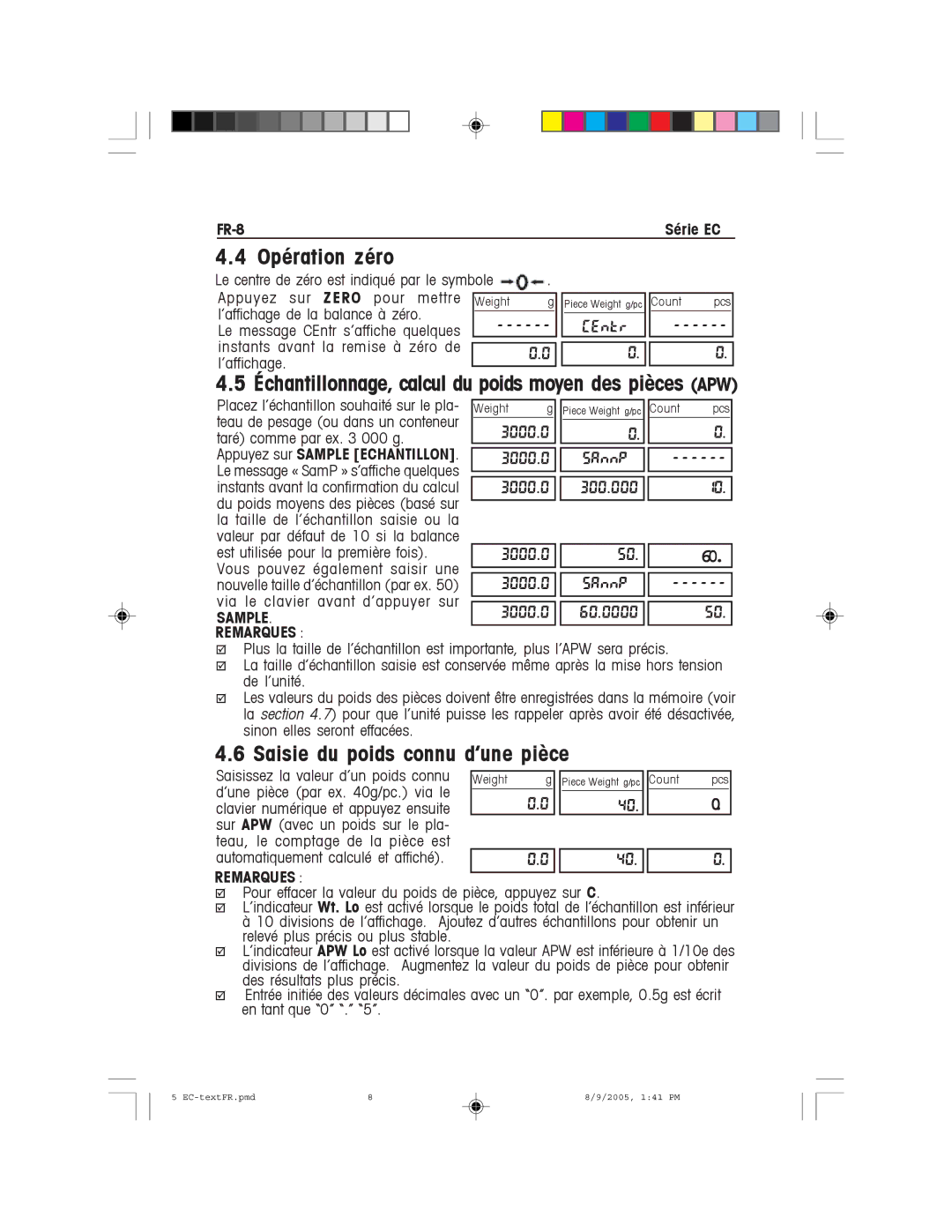 Recoton/Advent EC Series Opération zéro, Échantillonnage, calcul du poids moyen des pièces APW, FR-8Série EC 