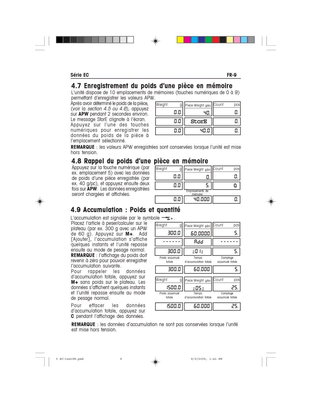 Recoton/Advent EC Series Enregistrement du poids d’une pièce en mémoire, Rappel du poids d’une pièce en mémoire 