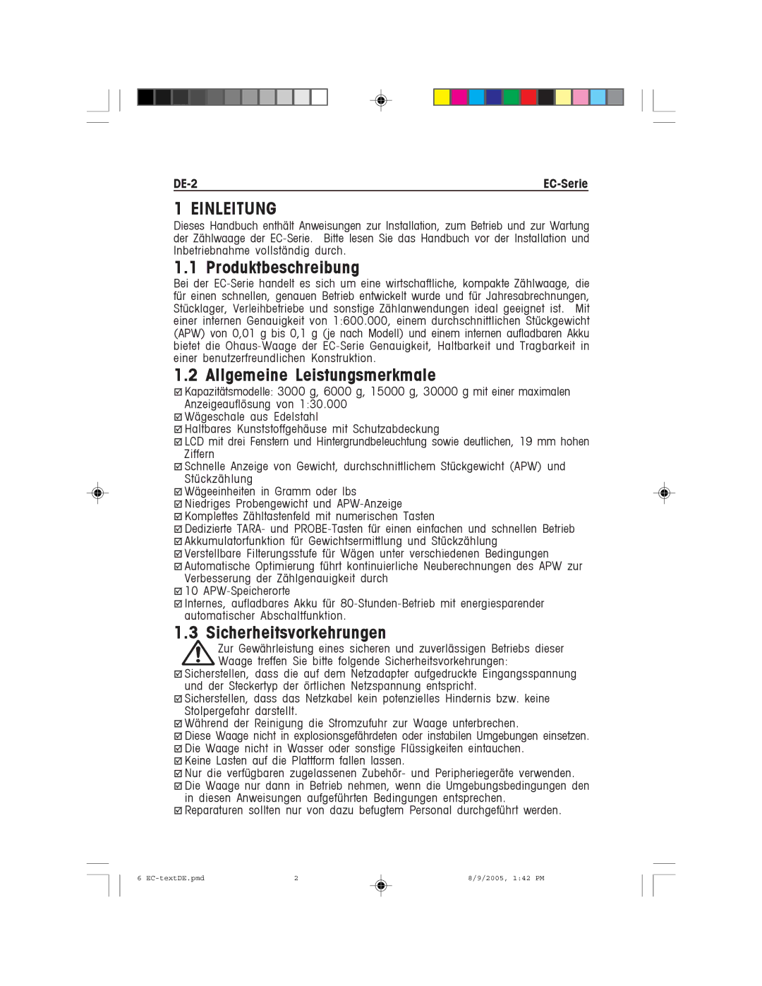 Recoton/Advent EC Series Einleitung, Produktbeschreibung, Allgemeine Leistungsmerkmale, Sicherheitsvorkehrungen, DE-2 