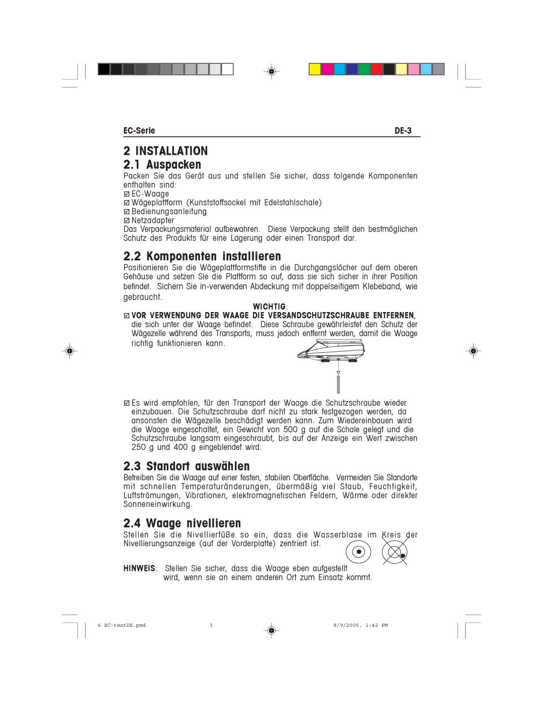 Recoton/Advent EC Series Komponenten installieren, Standort auswählen, Waage nivellieren, EC-Serie DE-3, Wichtig 