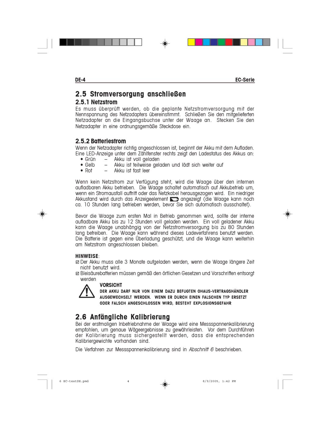 Recoton/Advent EC Series instruction manual Stromversorgung anschließen, Anfängliche Kalibrierung, DE-4, Hinweise, Vorsicht 