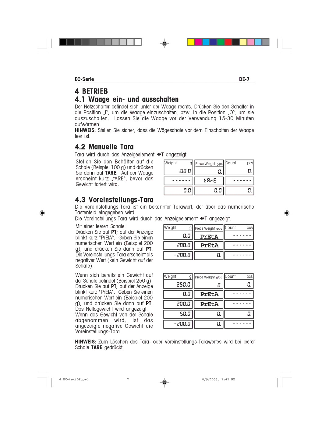 Recoton/Advent EC Series Betrieb, Waage ein- und ausschalten, Manuelle Tara, Voreinstellungs-Tara, EC-Serie DE-7 