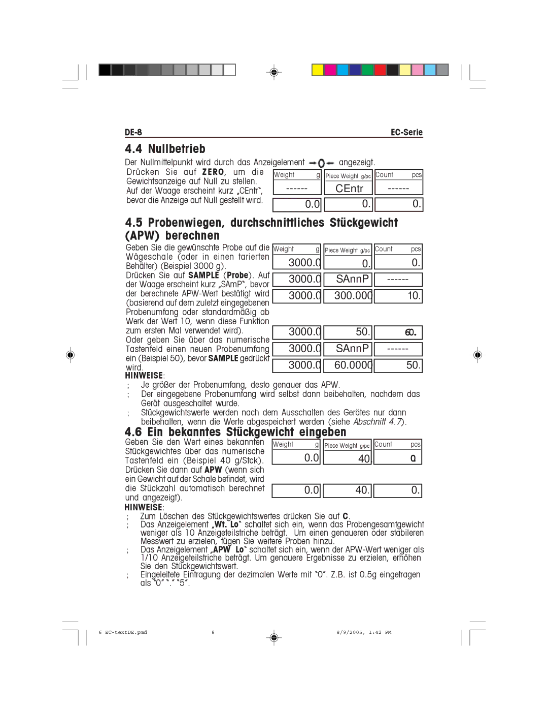 Recoton/Advent EC Series Nullbetrieb, Probenwiegen, durchschnittliches Stückgewicht APW berechnen, DE-8EC-Serie 