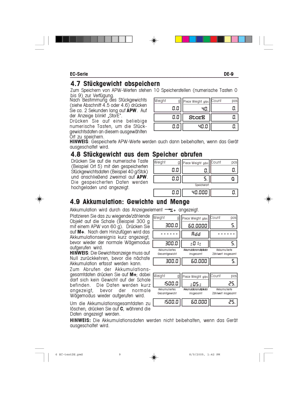 Recoton/Advent EC Series Stückgewicht abspeichern, Stückgewicht aus dem Speicher abrufen, Akkumulation Gewichte und Menge 