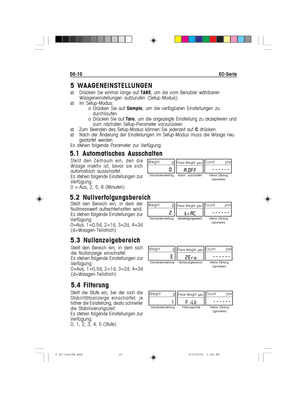 Recoton/Advent EC Series Waageneinstellungen, Automatisches Ausschalten, Nullverfolgungsbereich, Filterung 