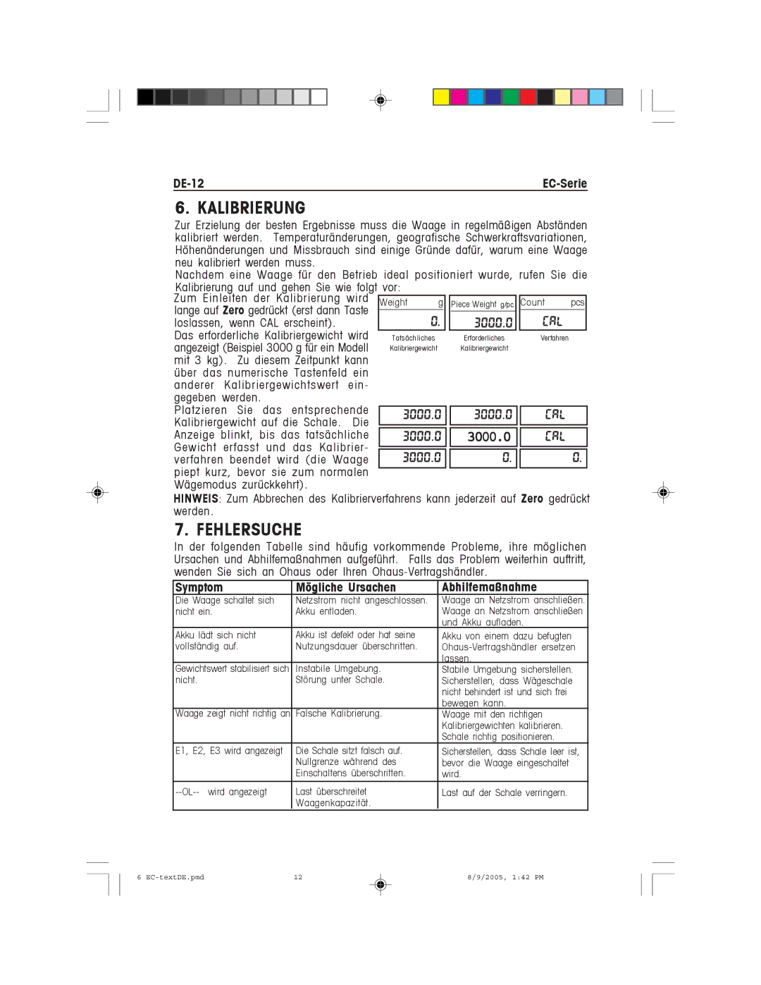 Recoton/Advent EC Series instruction manual Kalibrierung, Fehlersuche, DE-12EC-Serie, Platzieren Sie Das entsprechende 