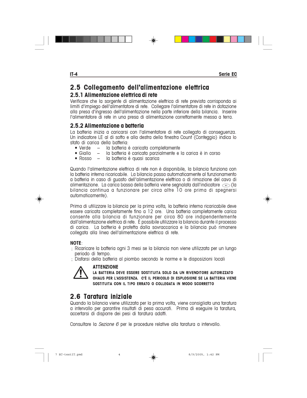 Recoton/Advent EC Series instruction manual Collegamento dellalimentazione elettrica, Taratura iniziale, IT-4, Attenzione 