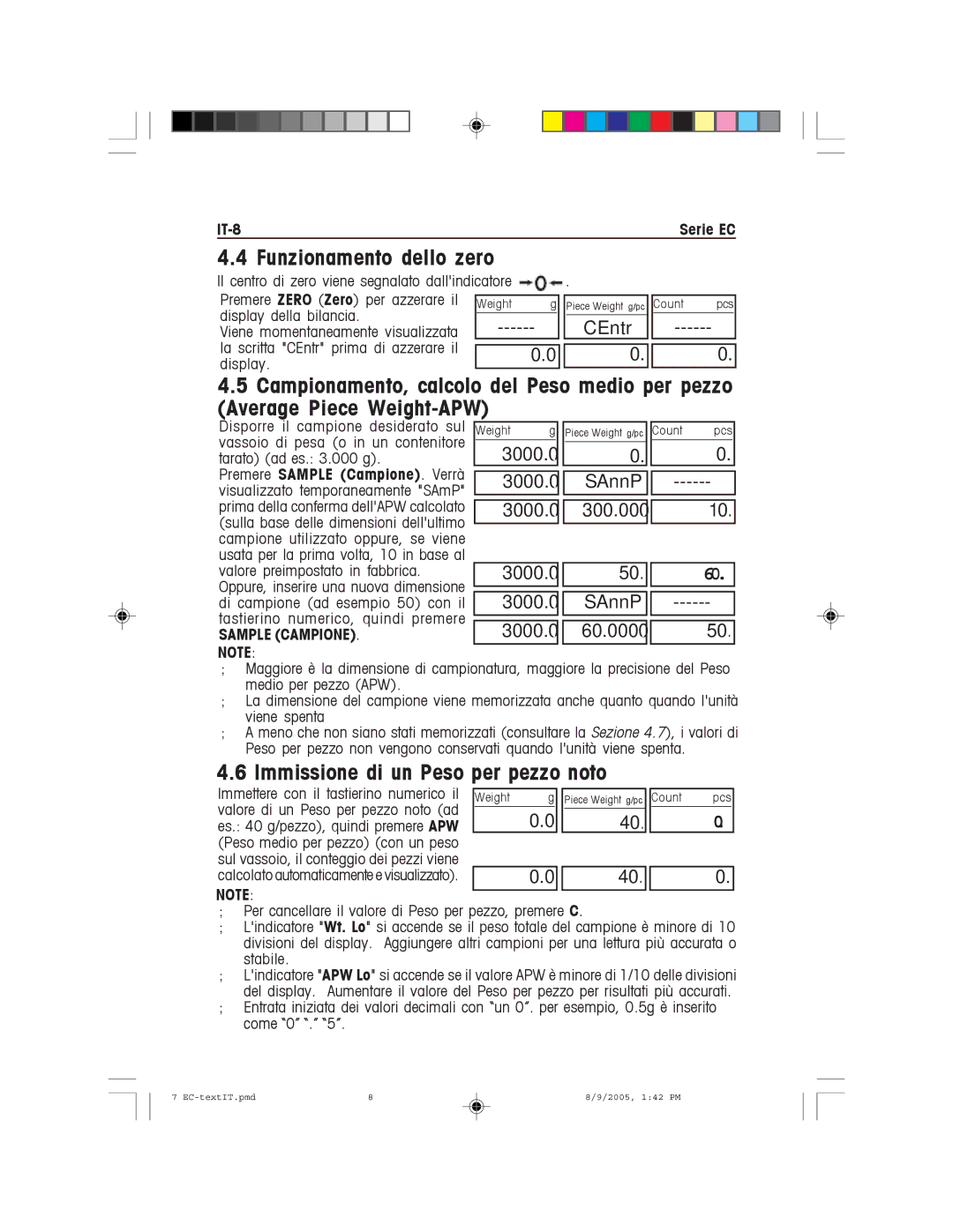 Recoton/Advent EC Series Funzionamento dello zero, Immissione di un Peso per pezzo noto, IT-8Serie EC, Sample Campione 