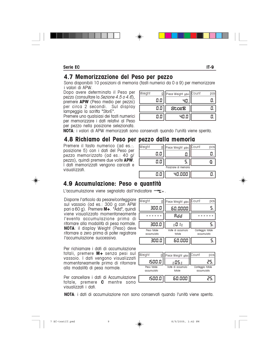 Recoton/Advent EC Series Memorizzazione del Peso per pezzo, Richiamo del Peso per pezzo dalla memoria, Serie ECIT-9 