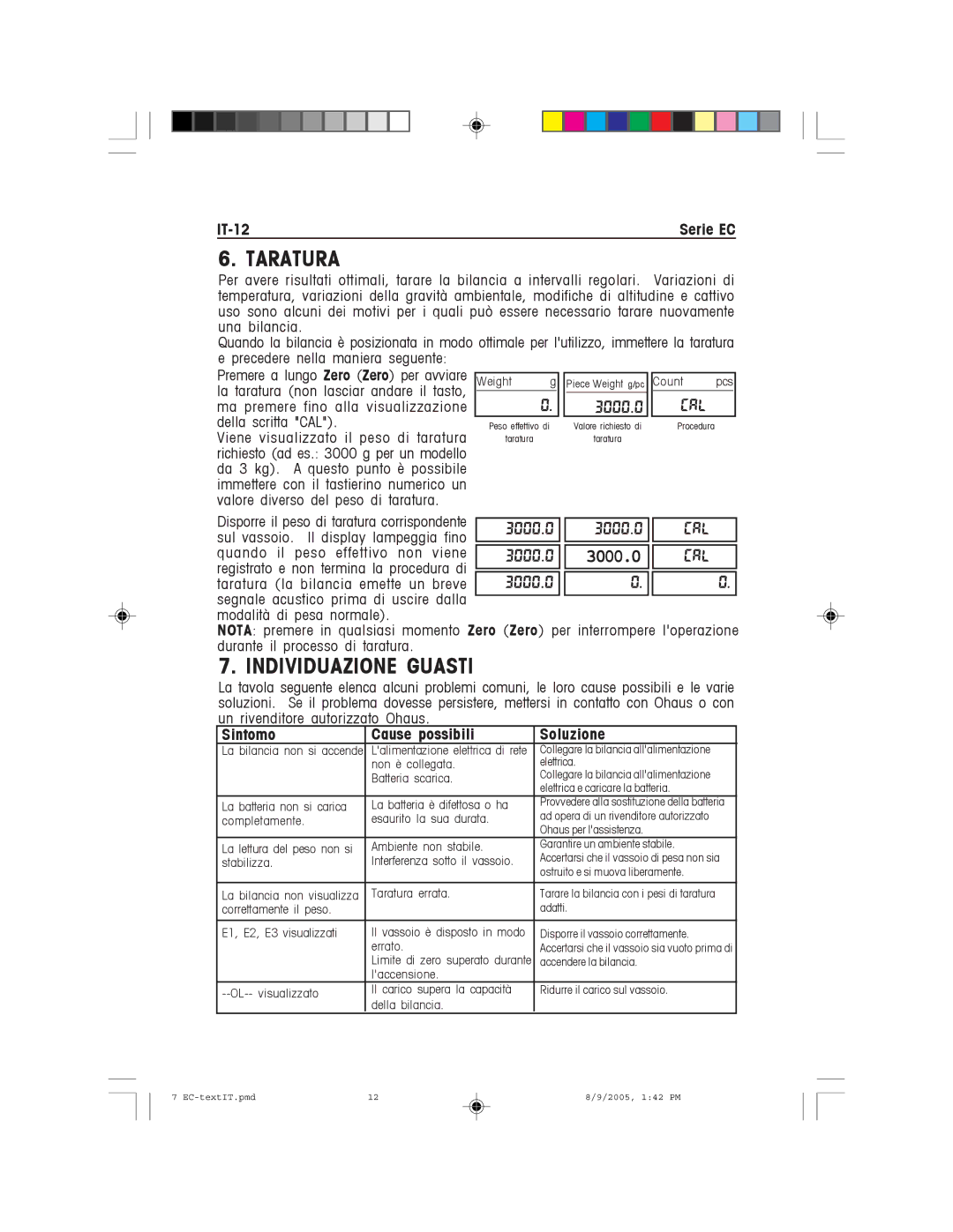 Recoton/Advent EC Series instruction manual Individuazione Guasti, IT-12Serie EC, Taratura la bilancia emette un breve 