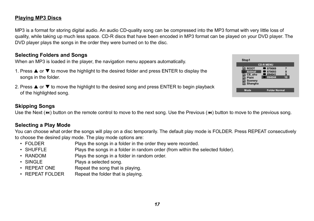 Recoton/Advent HR9000PKG Playing MP3 Discs, Selecting Folders and Songs, Skipping Songs, Selecting a Play Mode 