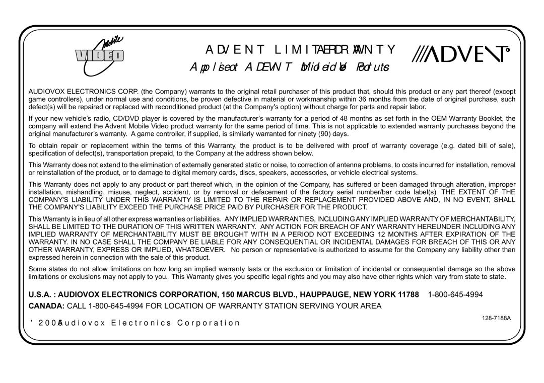 Recoton/Advent HR9000PKG operation manual Advent Limited Warranty 