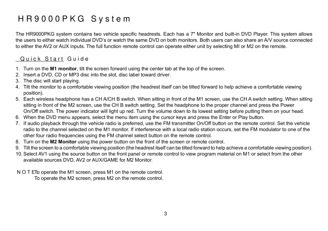 Recoton/Advent operation manual HR9000PKG System 