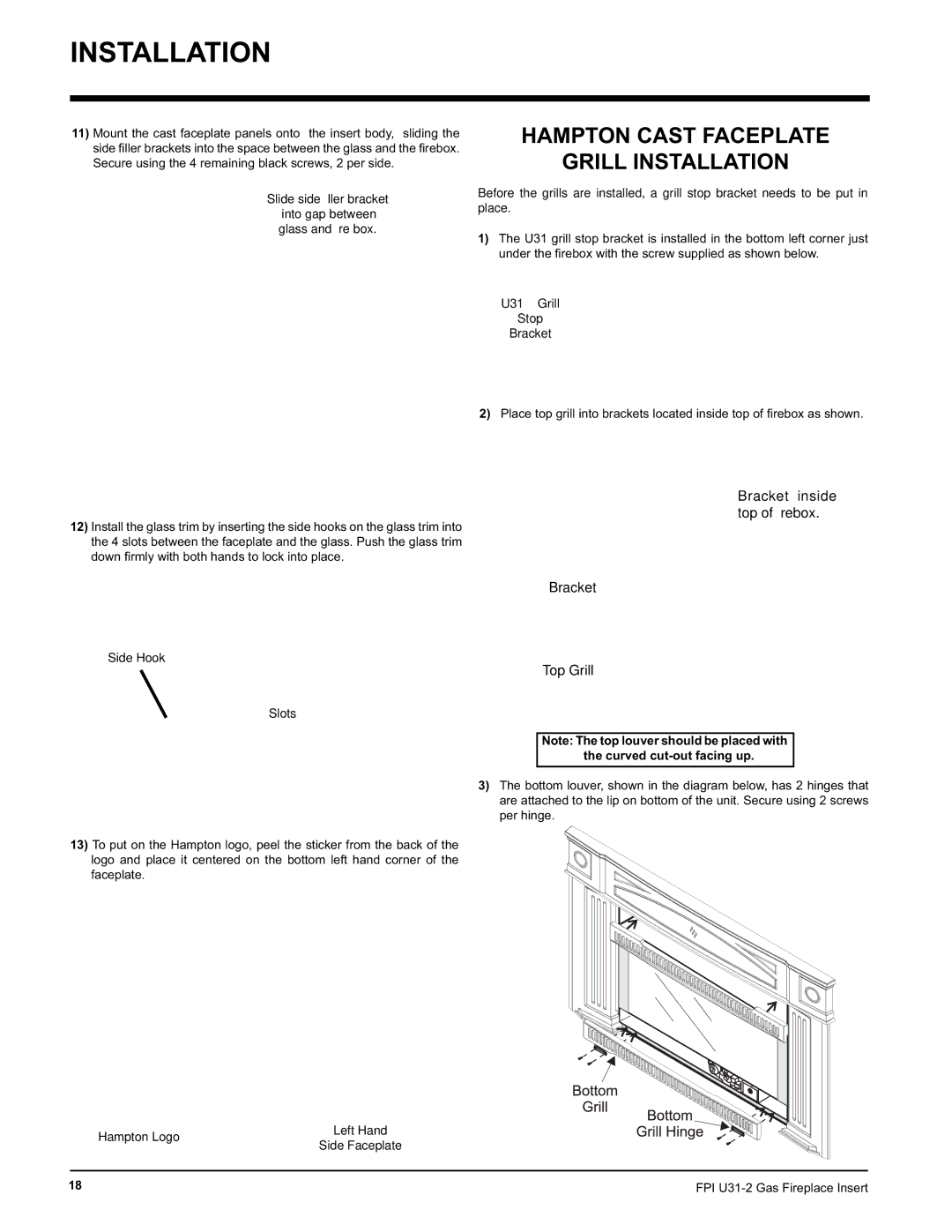 Recoton/Advent U31-NG2 Hampton Cast Faceplate Grill Installation, Slide side ﬁ ller bracket, U31 Grill Stop Bracket 