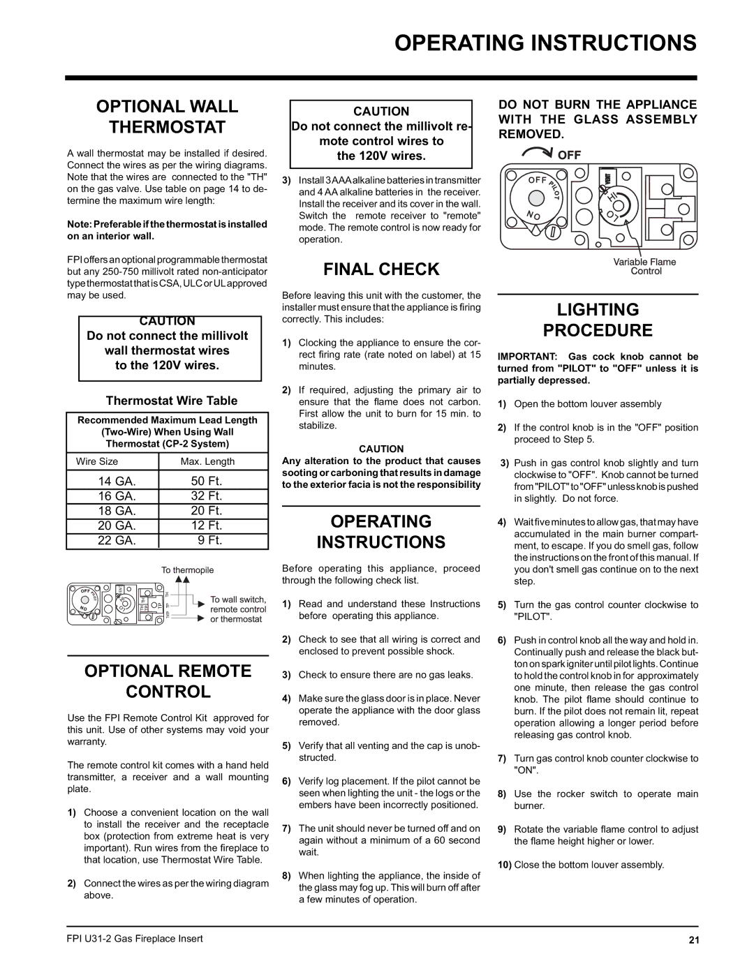 Recoton/Advent U31-LP2, U31-NG2 installation manual Operating Instructions 