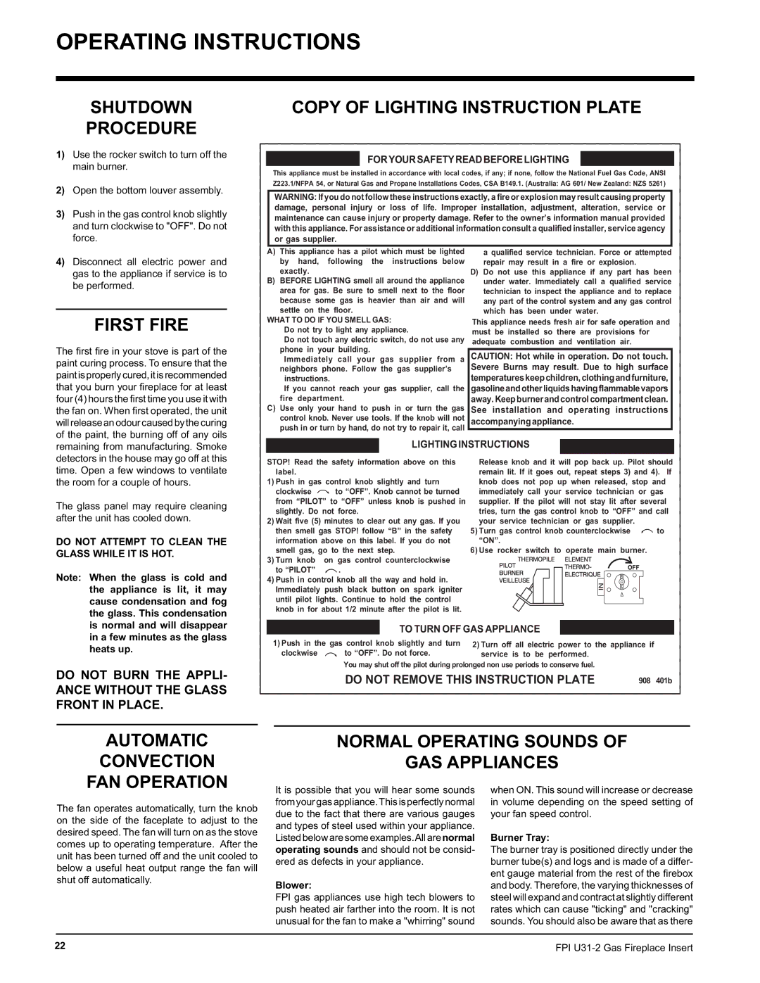 Recoton/Advent U31-NG2, U31-LP2 installation manual Shutdown Procedure, Copy of Lighting Instruction Plate, First Fire 