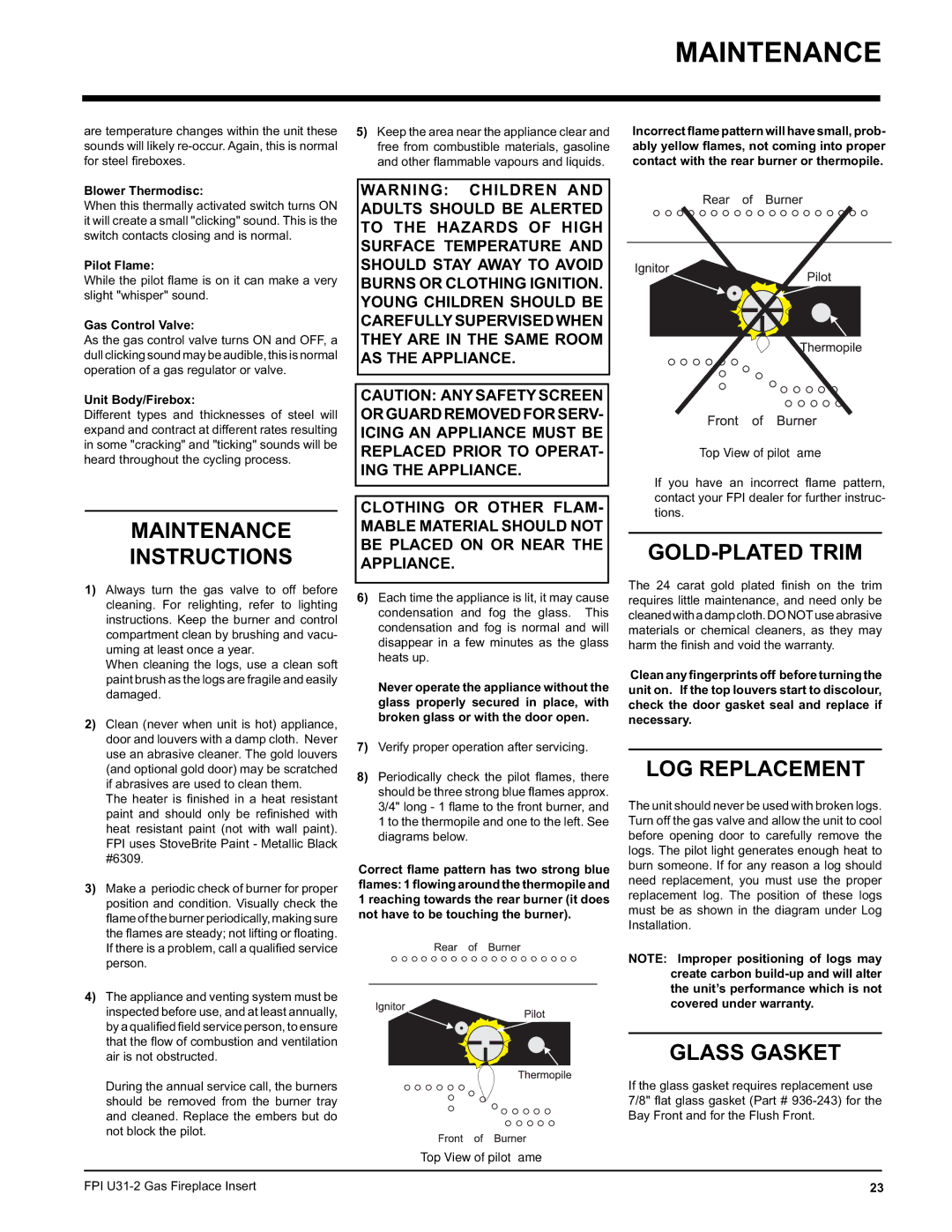 Recoton/Advent U31-LP2, U31-NG2 Maintenance Instructions, GOLD-PLATED Trim, LOG Replacement, Glass Gasket 