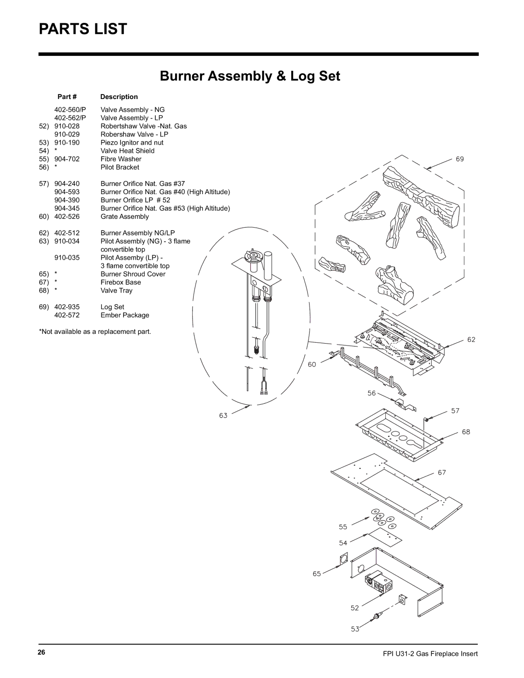 Recoton/Advent U31-NG2, U31-LP2 installation manual Burner Assembly & Log Set 