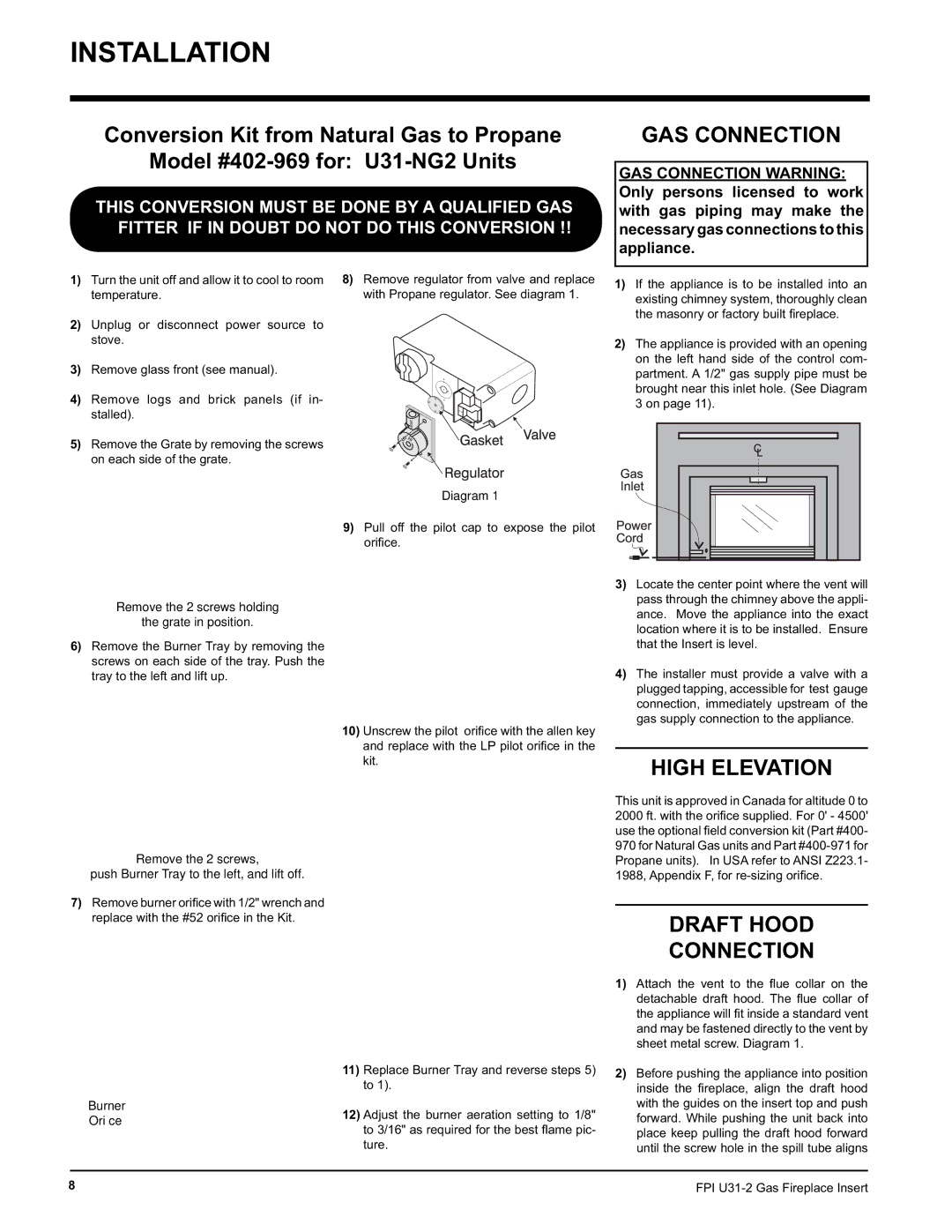 Recoton/Advent U31-NG2, U31-LP2 installation manual GAS Connection, High Elevation, Draft Hood Connection 