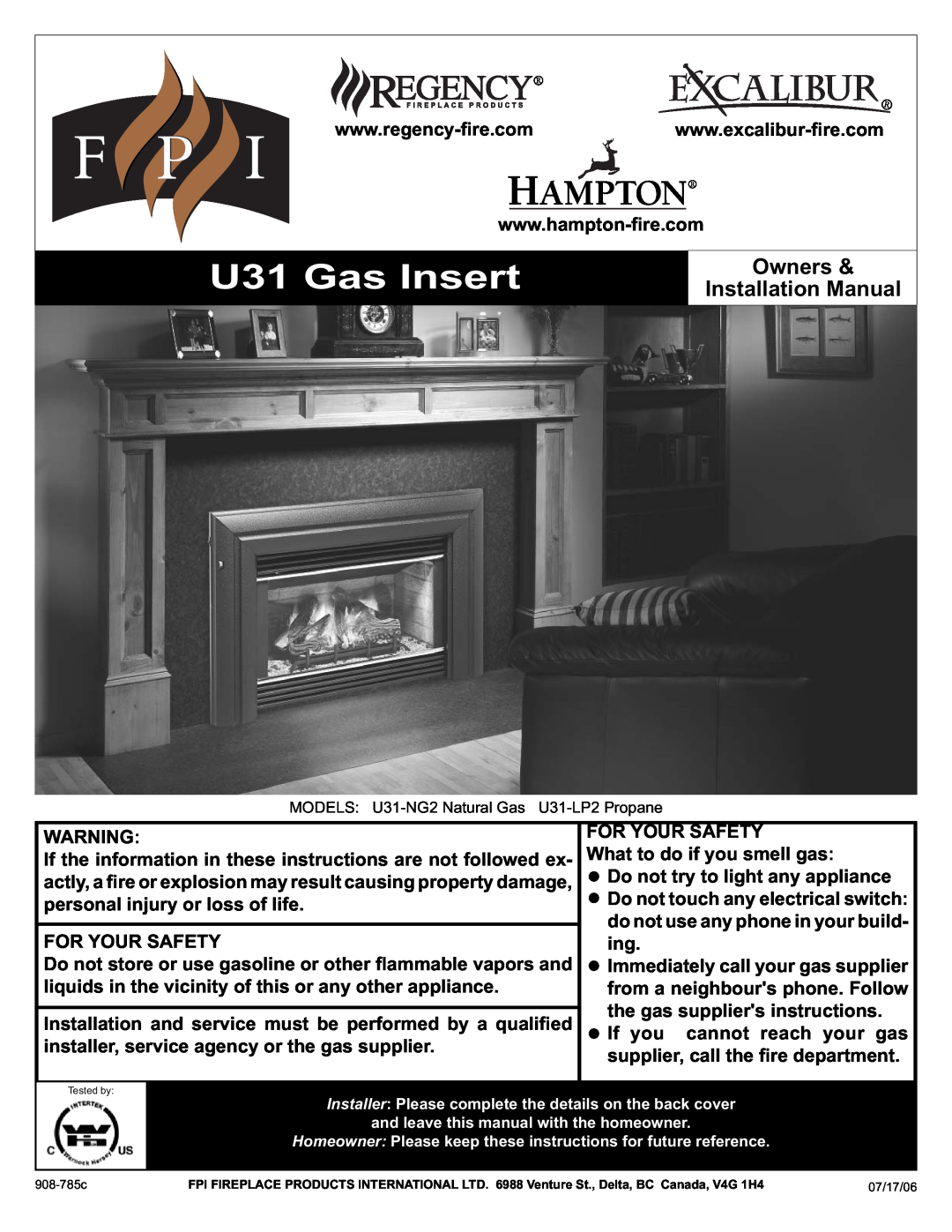 Recoton/Advent U31-LP2, U31-NG2 installation manual U31 Gas Insert, Owners, Installation Manual 