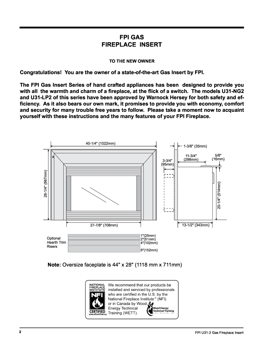 Recoton/Advent U31-NG2, U31-LP2 installation manual Fpi Gas Fireplace Insert, To The New Owner 