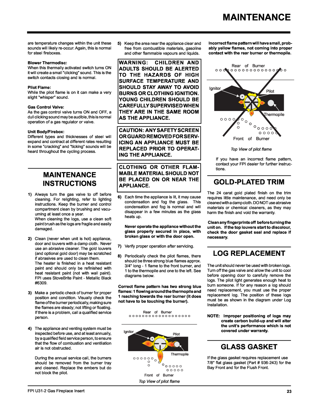 Recoton/Advent U31-LP2, U31-NG2 Maintenance Instructions, Gold-Platedtrim, Log Replacement, Glass Gasket 